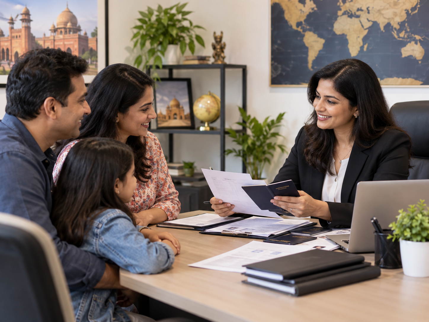 Advisor reviewing OCI application documents with a family