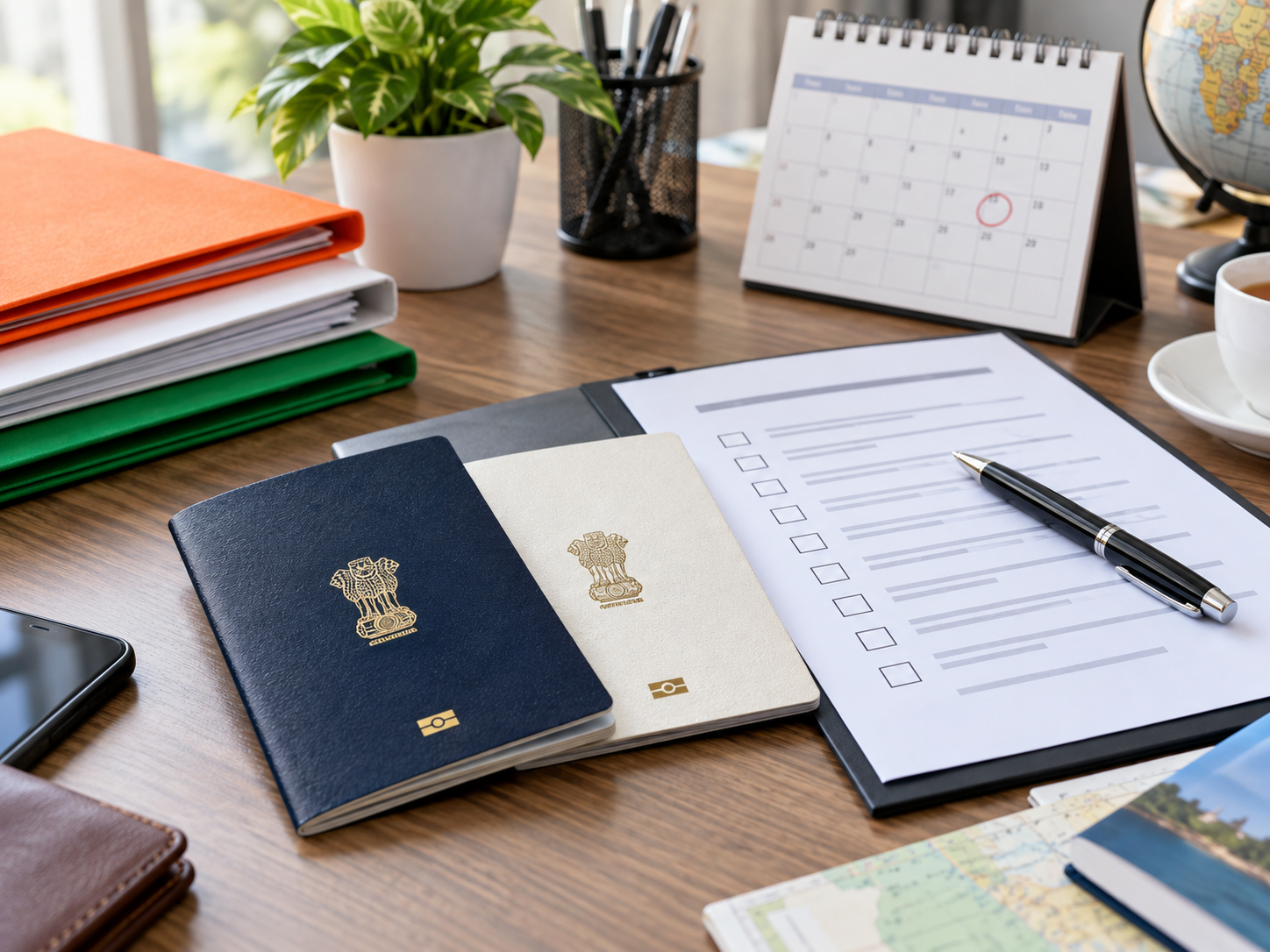 OCI and passport documents organized on a desk