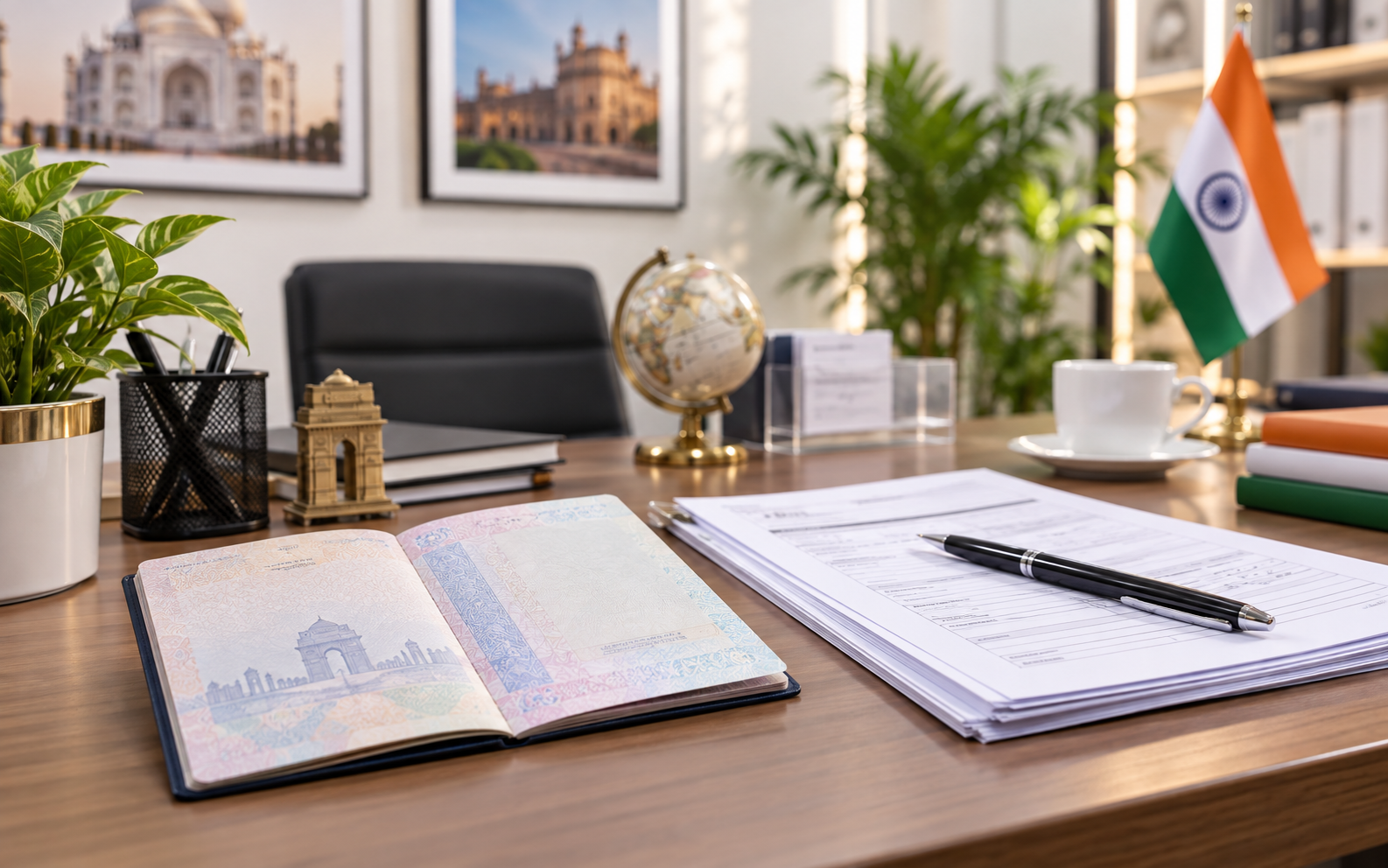 Passport and OCI application documents on an office desk